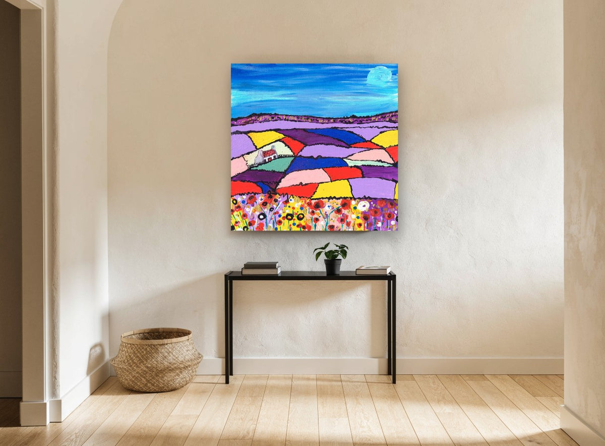 Patchwork Fields Cottage landscape canvas print on the wall of a hallway