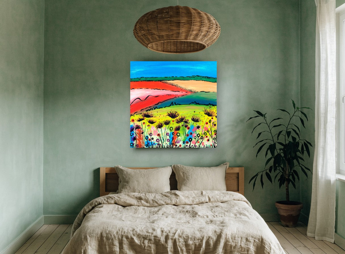 Sunlit Poppy Meadow Quilt landscape canvas print on the wall of a bedroom