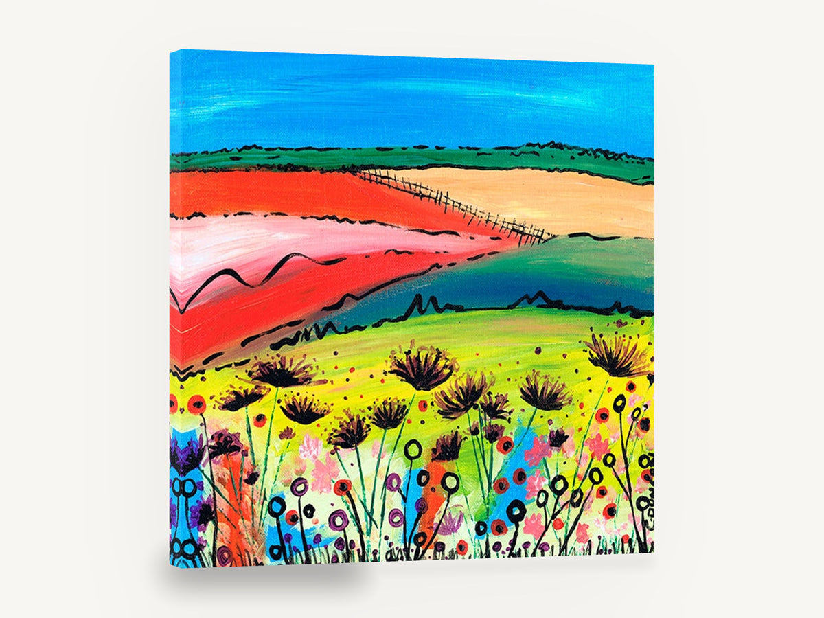 Sunlit Poppy Meadow Quilt, colourful countryside fields flower painting, landscape canvas wall art print ready to hang