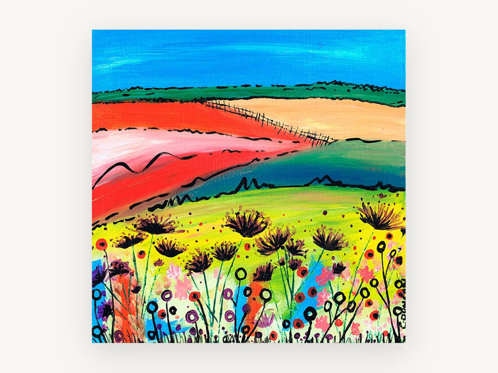 Sunlit Poppy Meadow Quilt, colourful countryside fields flower painting, landscape canvas wall art print, front view