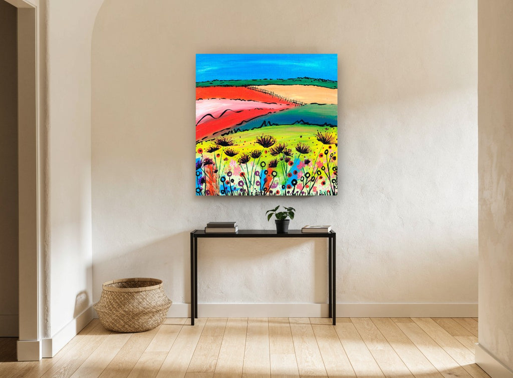 Sunlit Poppy Meadow Quilt landscape canvas print on the wall of a hallway