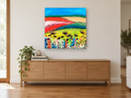 Sunlit Poppy Meadow Quilt landscape canvas print on the wall of a living room above a sideboard