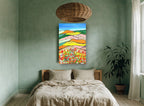 Poppy Patchwork Hills landscape canvas print on the wall of a bedroom
