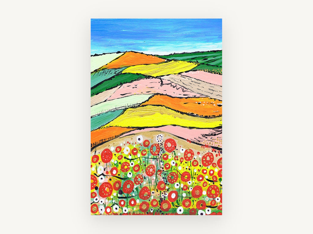 Poppy Patchwork Hills, colourful poppy field patchwork landscape, landscape canvas wall art print, front view