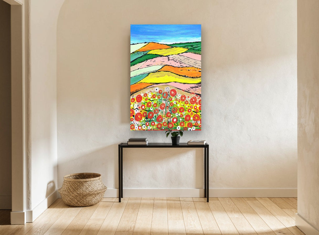 Poppy Patchwork Hills landscape canvas print on the wall of a hallway