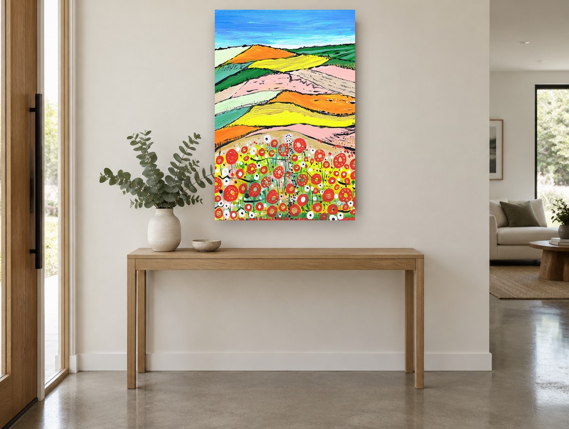 Poppy Patchwork Hills landscape canvas print on the wall of a entry hall