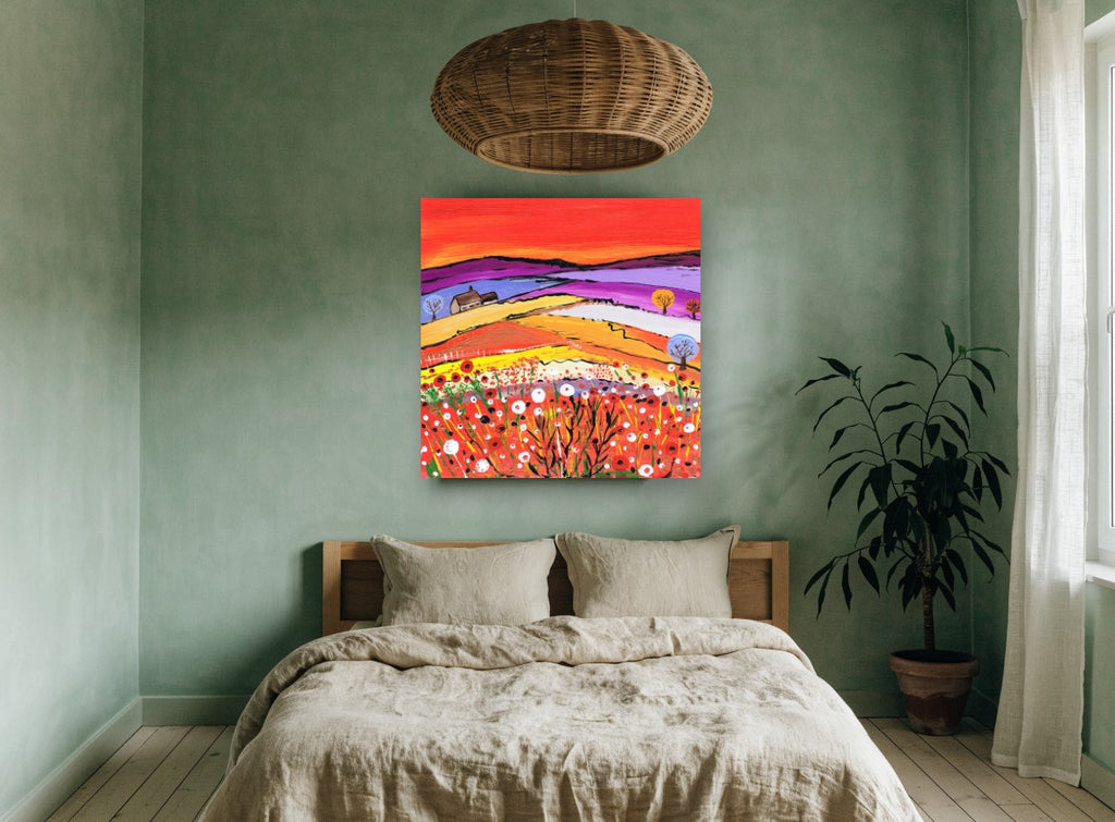 Poppy Hill Farmhouse landscape canvas print on the wall of a bedroom