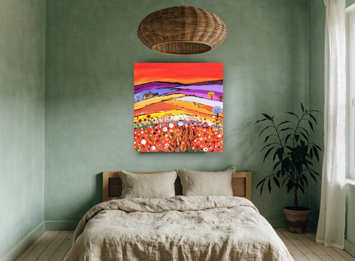 Poppy Hill Farmhouse landscape canvas print on the wall of a bedroom