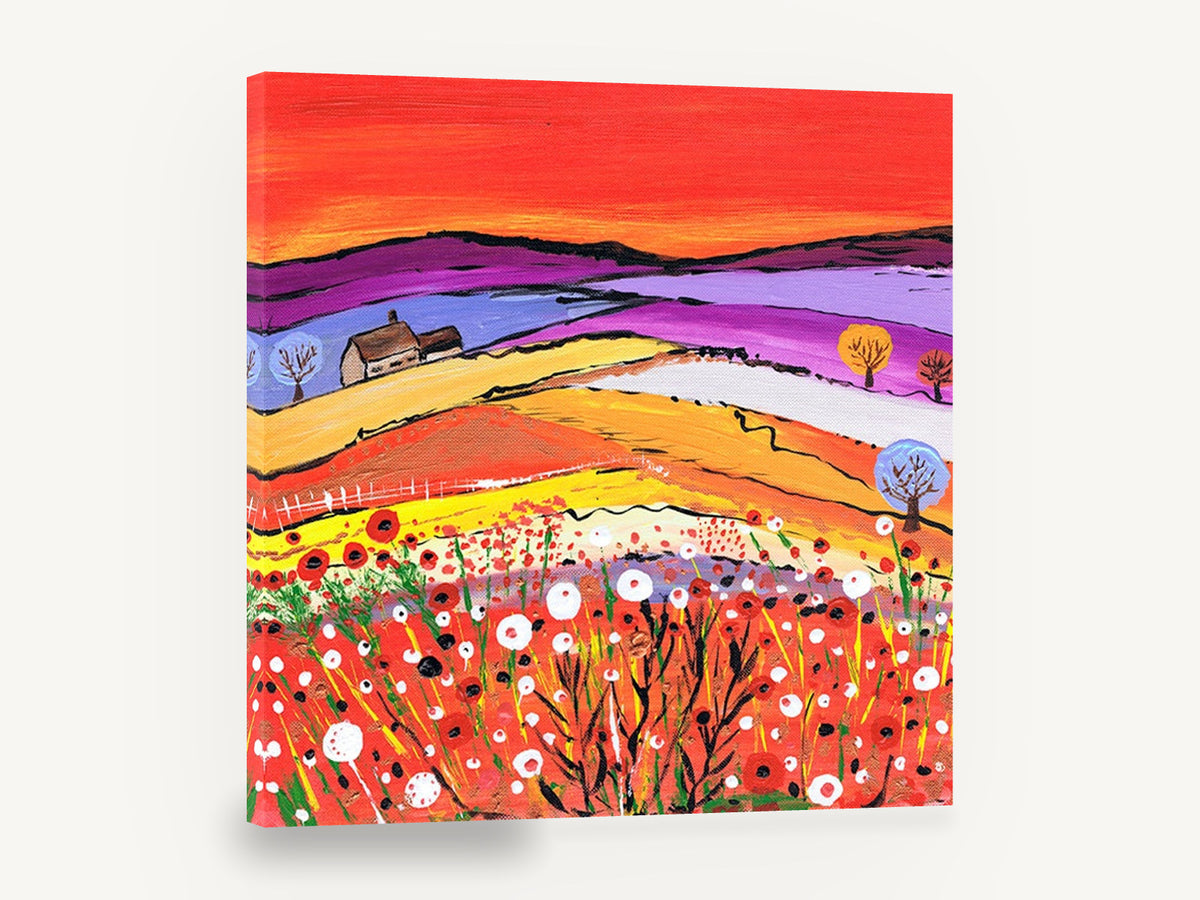 Poppy Hill Farmhouse, colourful poppy field cottage landscape, landscape canvas wall art print ready to hang