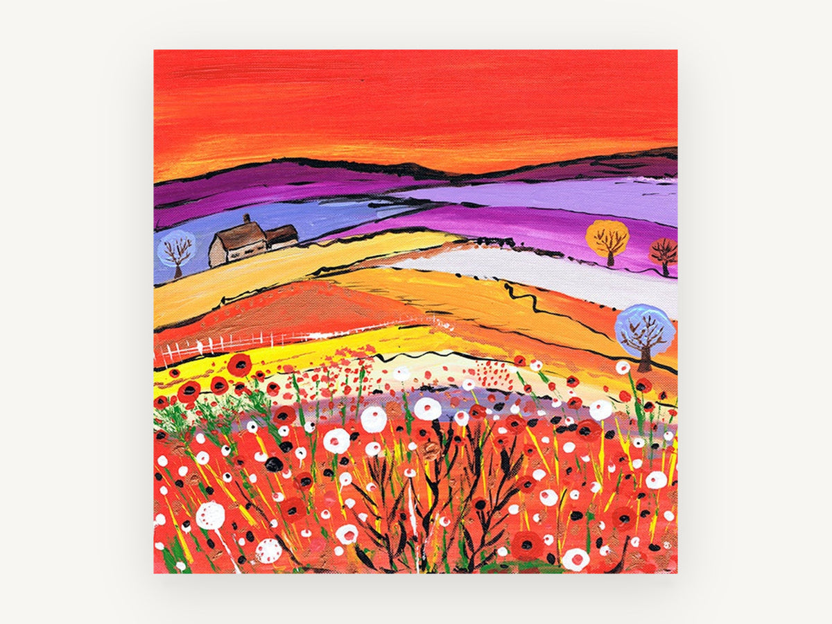 Poppy Hill Farmhouse, colourful poppy field cottage landscape, landscape canvas wall art print, front view