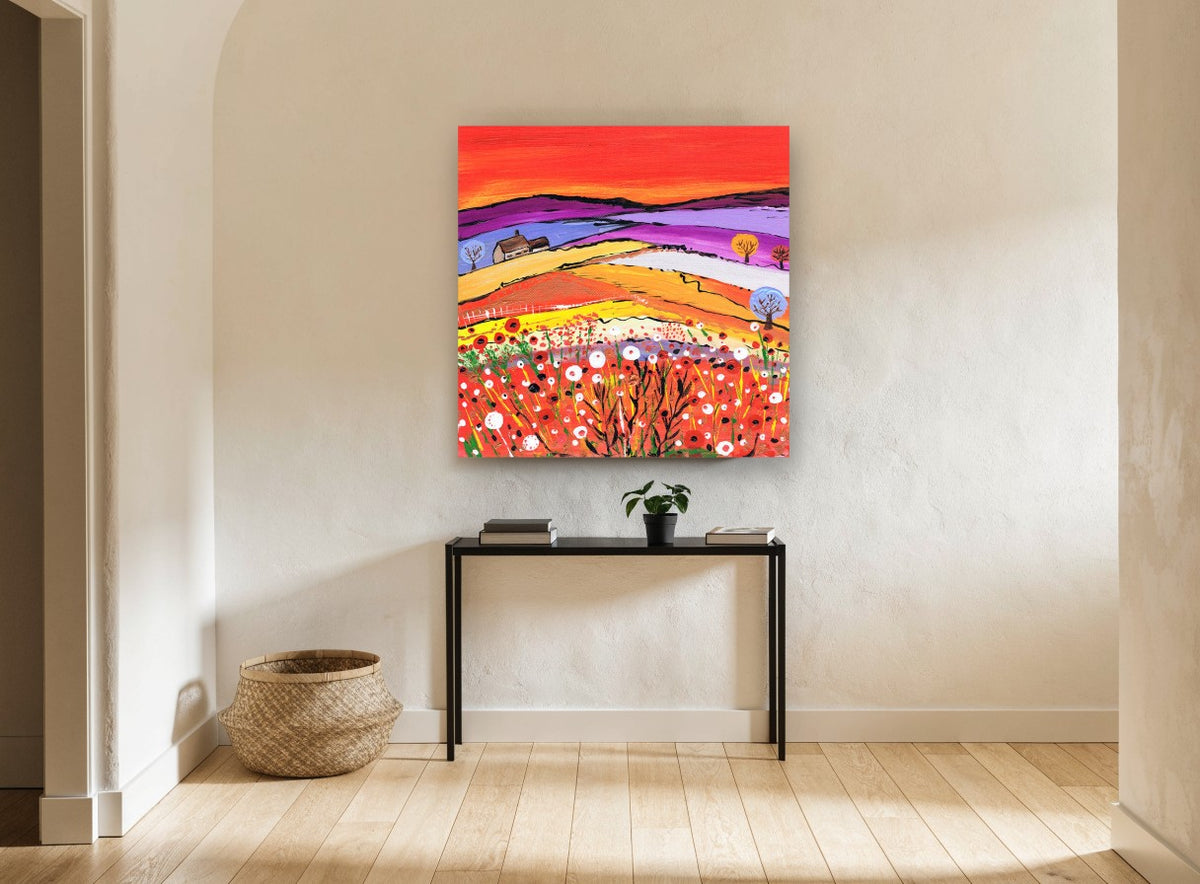 Poppy Hill Farmhouse landscape canvas print on the wall of a hallway