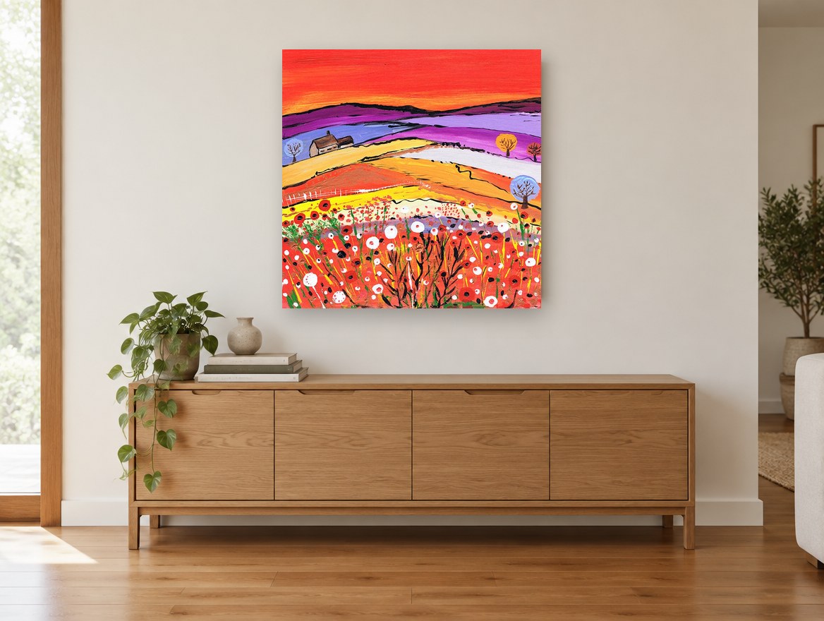 Poppy Hill Farmhouse landscape canvas print on the wall of a living room above a sideboard