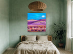 Moonlit Purple Hills landscape canvas print on the wall of a bedroom