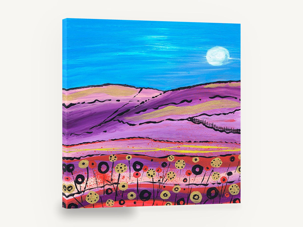 Moonlit Purple Hills, purple hills moon folk landscape, landscape canvas wall art print ready to hang