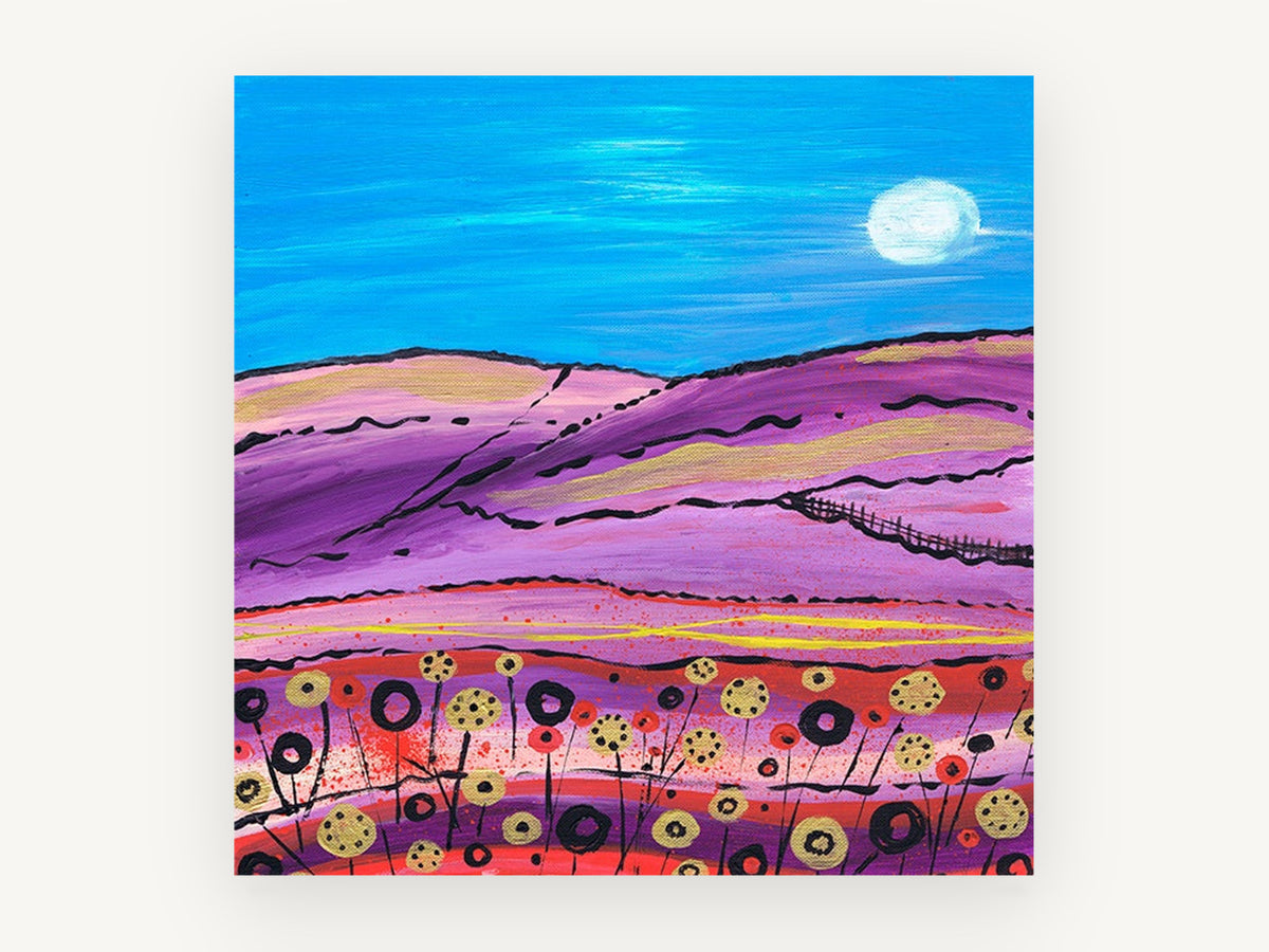 Moonlit Purple Hills, purple hills moon folk landscape, landscape canvas wall art print, front view