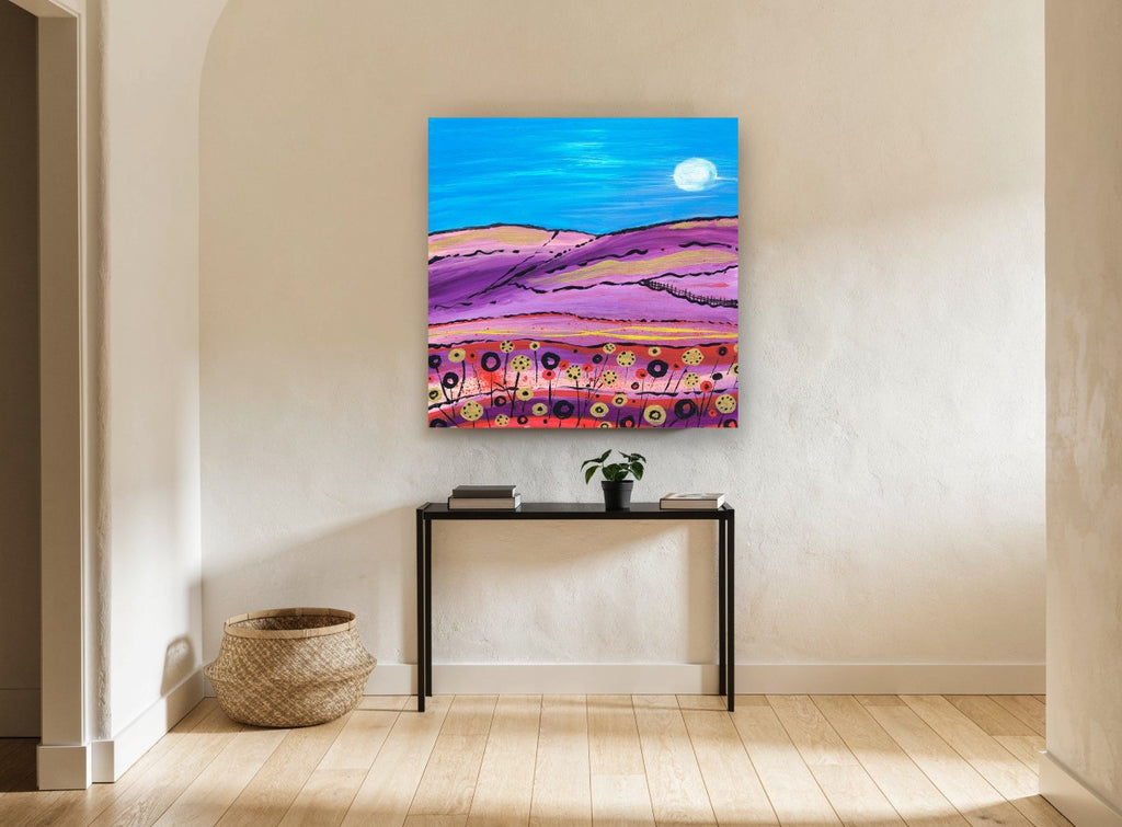 Moonlit Purple Hills landscape canvas print on the wall of a hallway