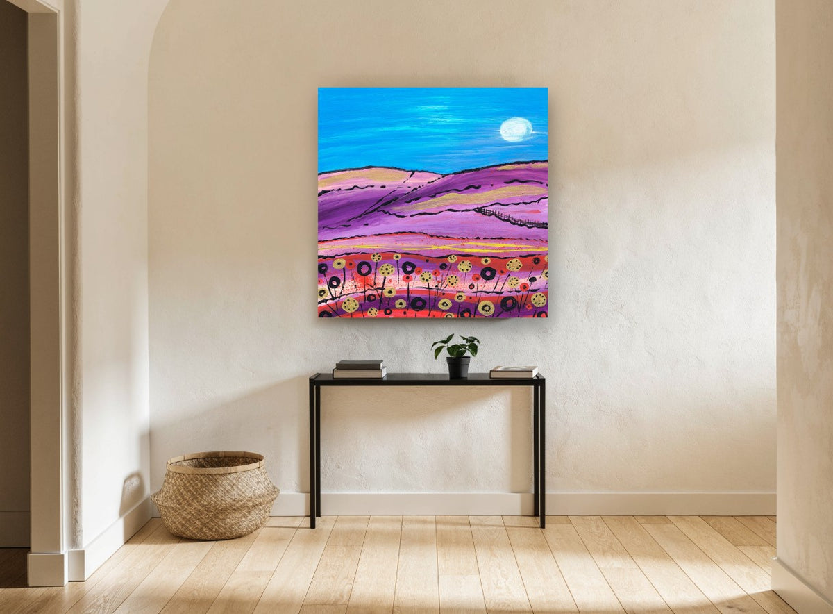 Moonlit Purple Hills landscape canvas print on the wall of a hallway
