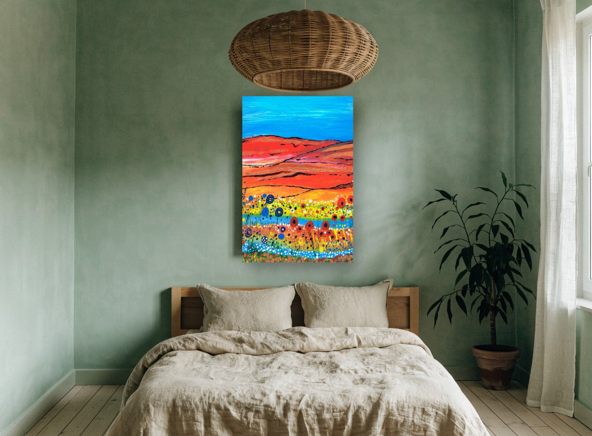 Poppy Stream Hills landscape canvas print on the wall of a bedroom
