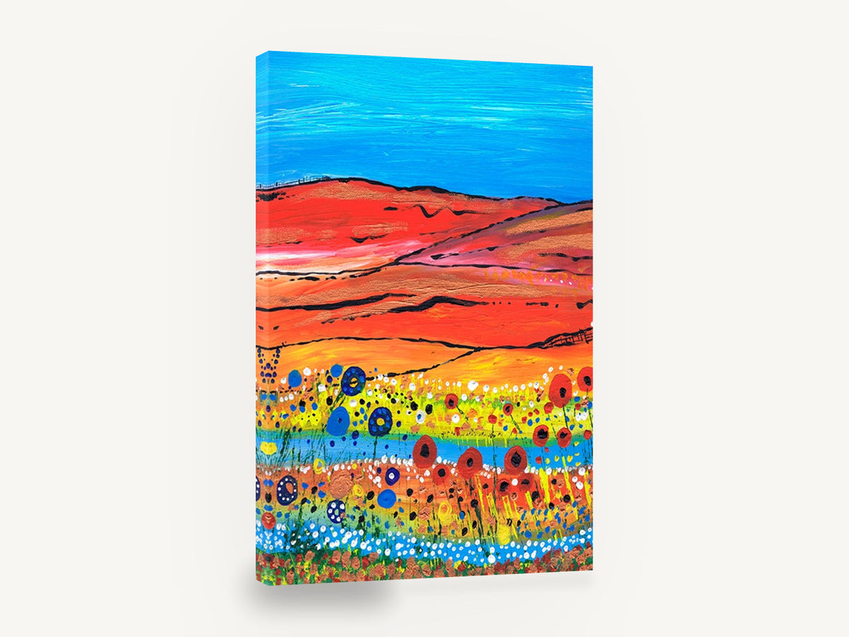 Poppy Stream Hills, red hills poppy field painting, landscape canvas wall art print ready to hang
