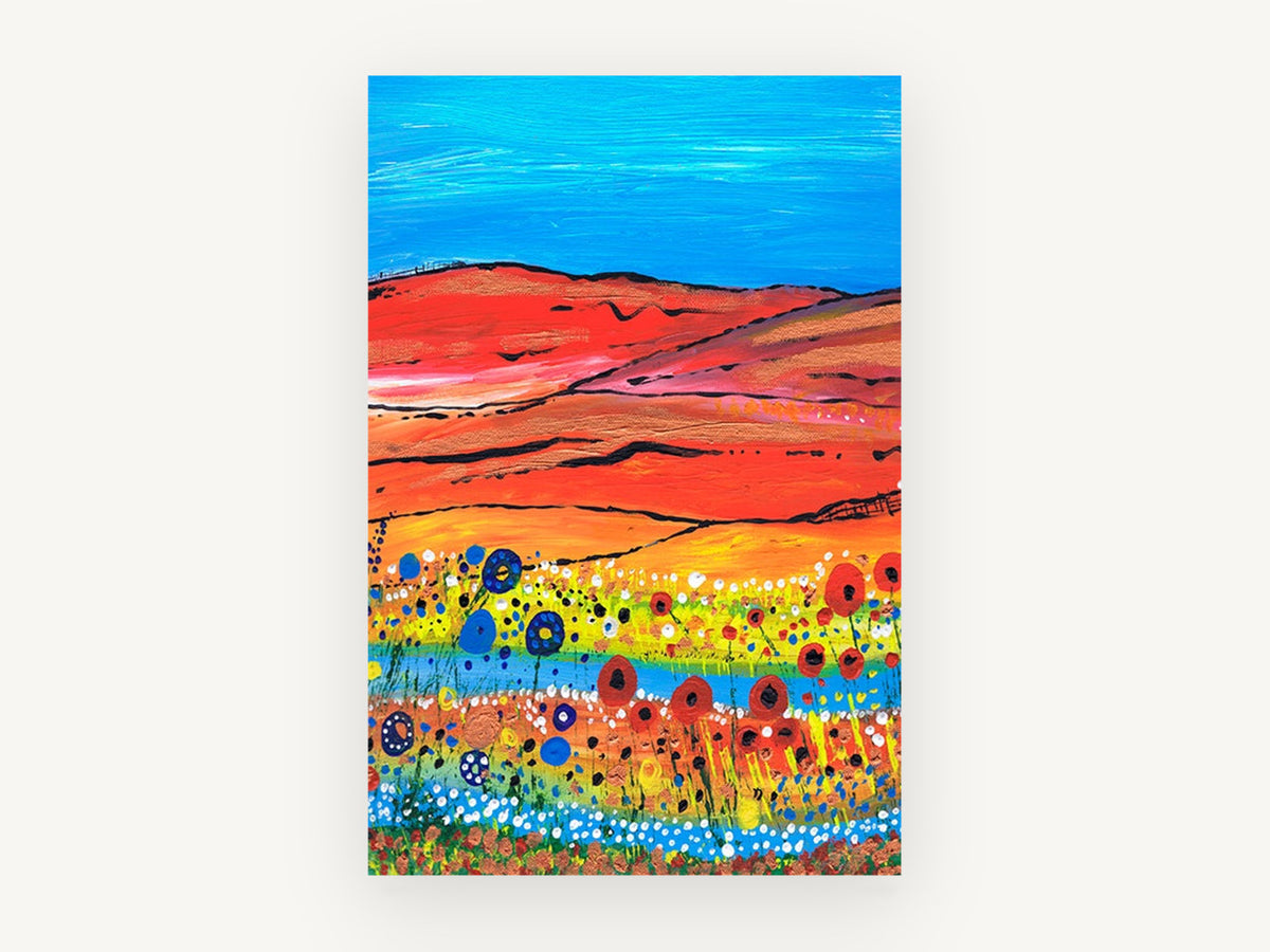 Poppy Stream Hills, red hills poppy field painting, landscape canvas wall art print, front view