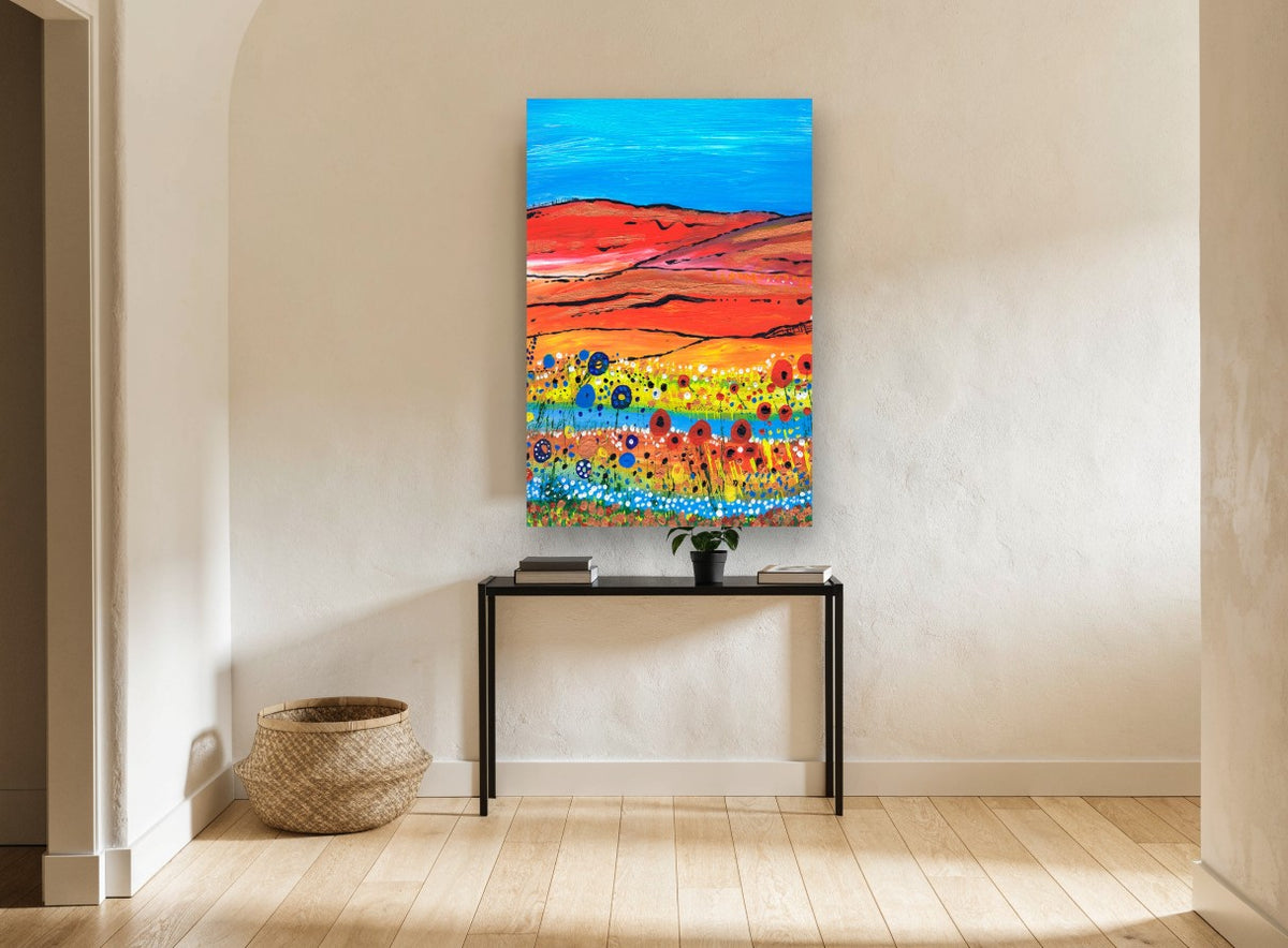 Poppy Stream Hills landscape canvas print on the wall of a hallway