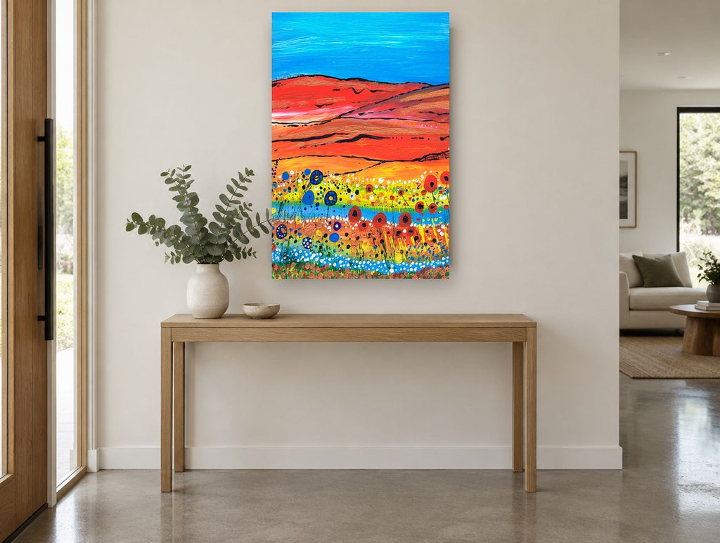 Poppy Stream Hills landscape canvas print on the wall of a entry hall