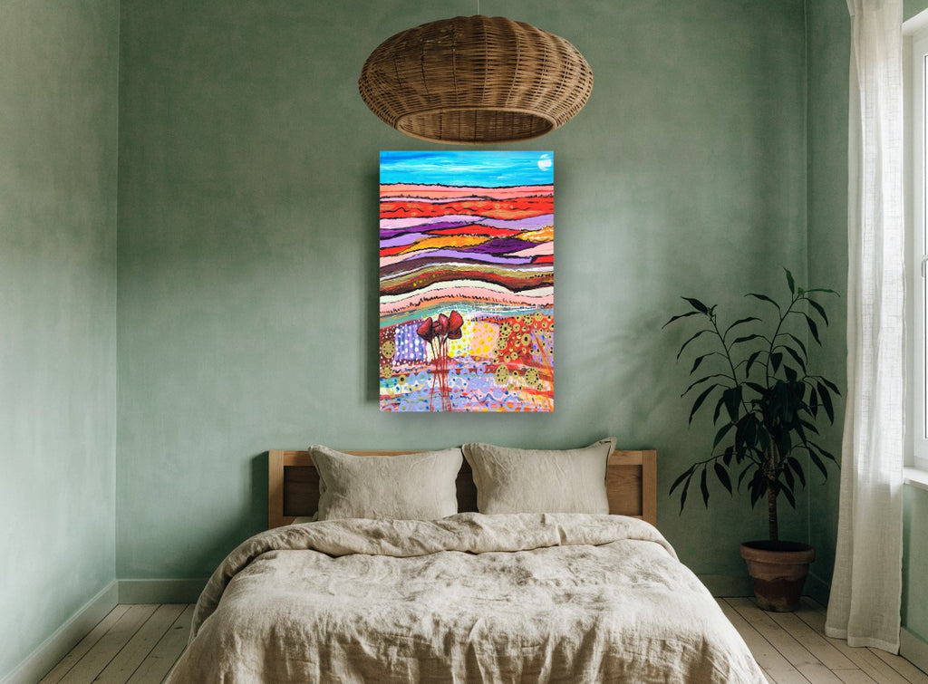 Patchwork Poppy Hills landscape canvas print on the wall of a bedroom