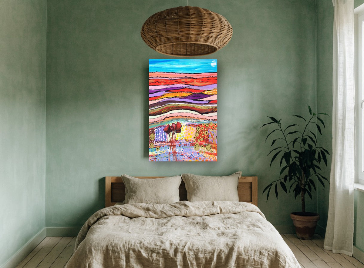 Patchwork Poppy Hills landscape canvas print on the wall of a bedroom