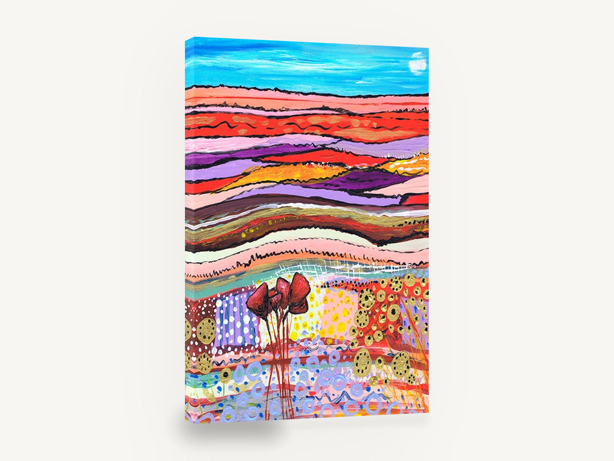 Patchwork Poppy Hills, colourful abstract field landscape painting, landscape canvas wall art print ready to hang