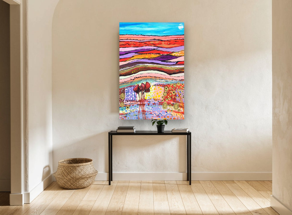 Patchwork Poppy Hills landscape canvas print on the wall of a hallway