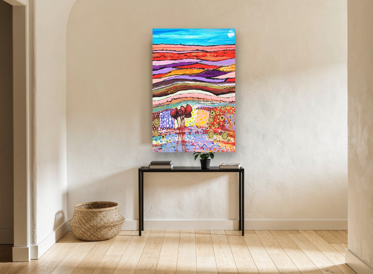Patchwork Poppy Hills landscape canvas print on the wall of a hallway