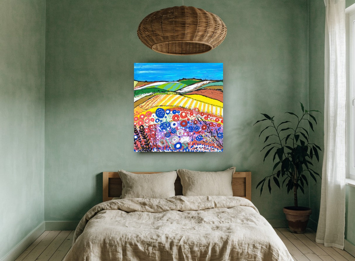Poppy Meadow Stripes landscape canvas print on the wall of a bedroom