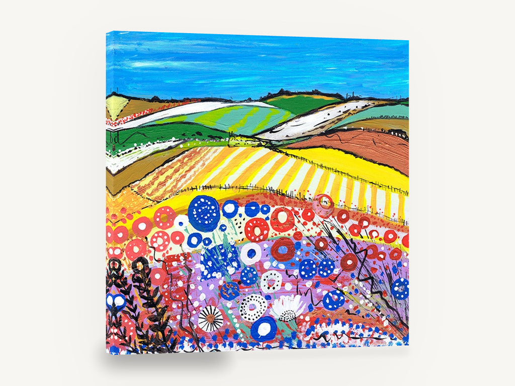 Poppy Meadow Stripes, colourful patchwork fields landscape painting, landscape canvas wall art print ready to hang