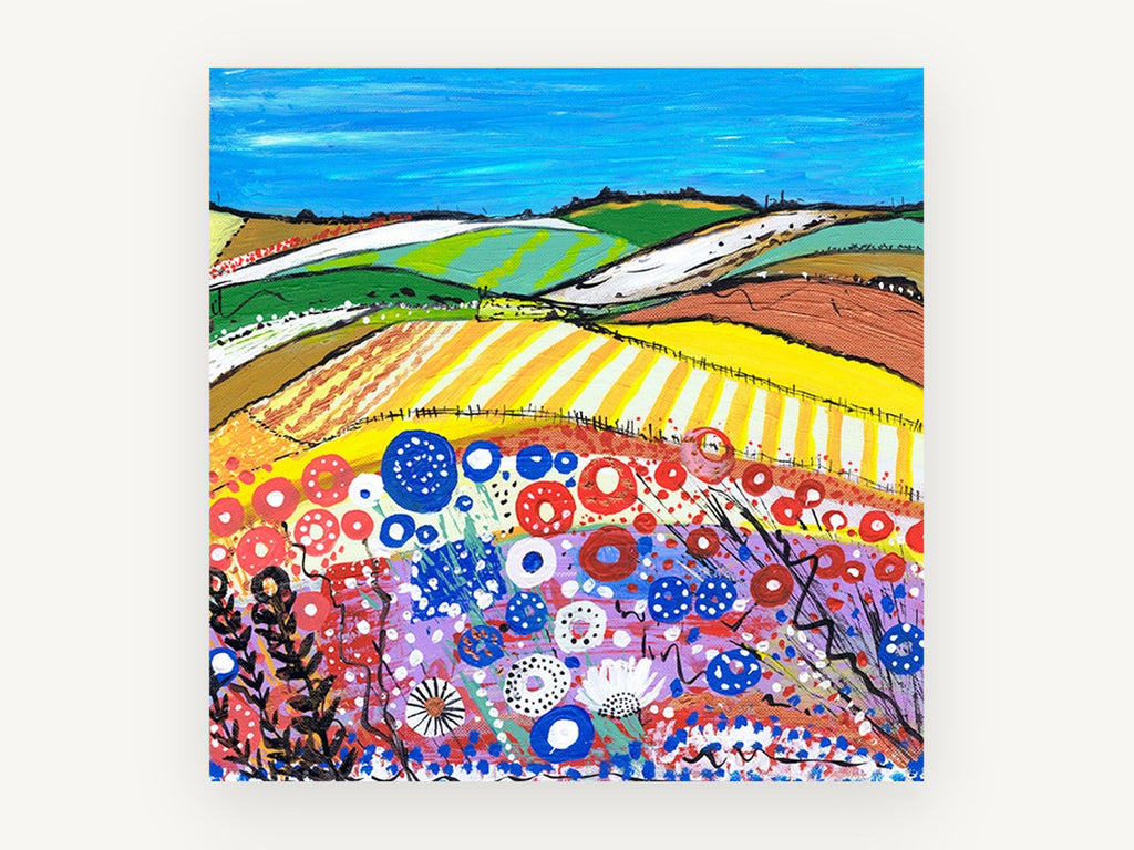 Poppy Meadow Stripes, colourful patchwork fields landscape painting, landscape canvas wall art print, front view