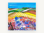 Poppy Meadow Stripes, colourful patchwork fields landscape painting, landscape canvas wall art print, front view