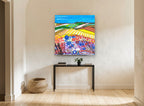 Poppy Meadow Stripes landscape canvas print on the wall of a hallway