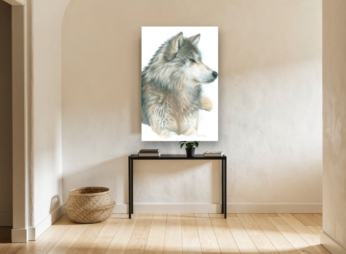 Watchful Grey Wolf animal canvas print on the wall of a hallway
