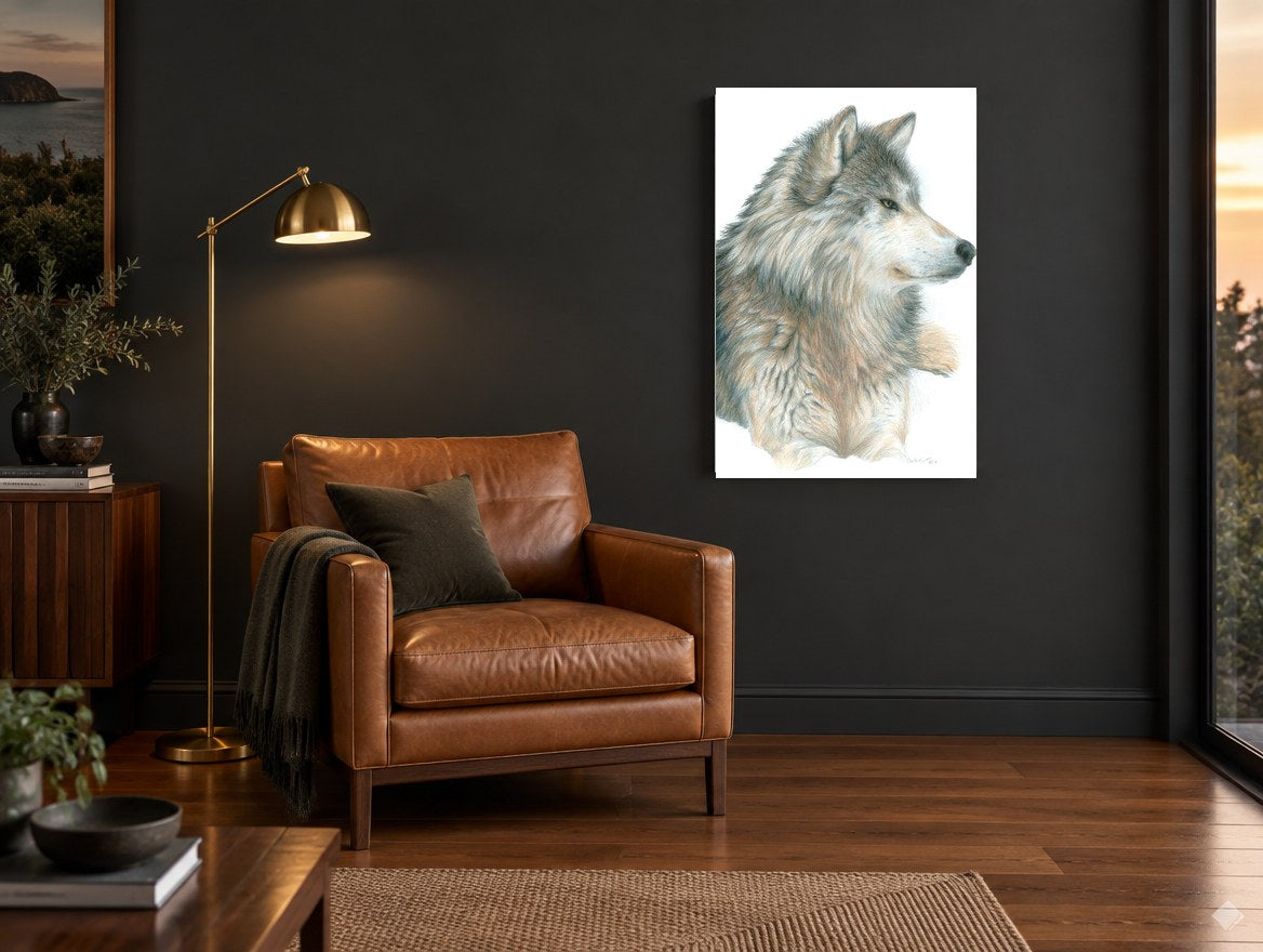Watchful Grey Wolf animal canvas print on the wall of a charcoal living room