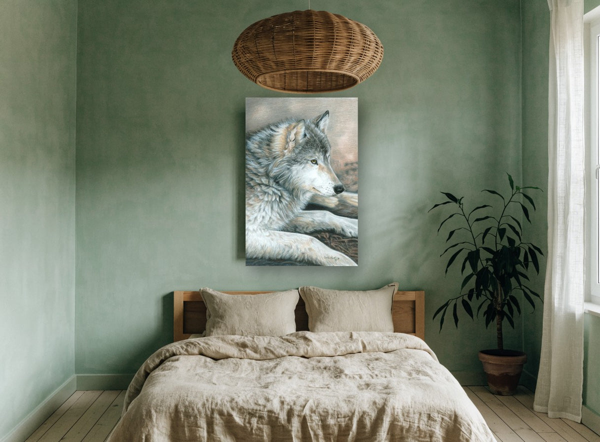 Dusk Rest Wolf animal canvas print on the wall of a bedroom