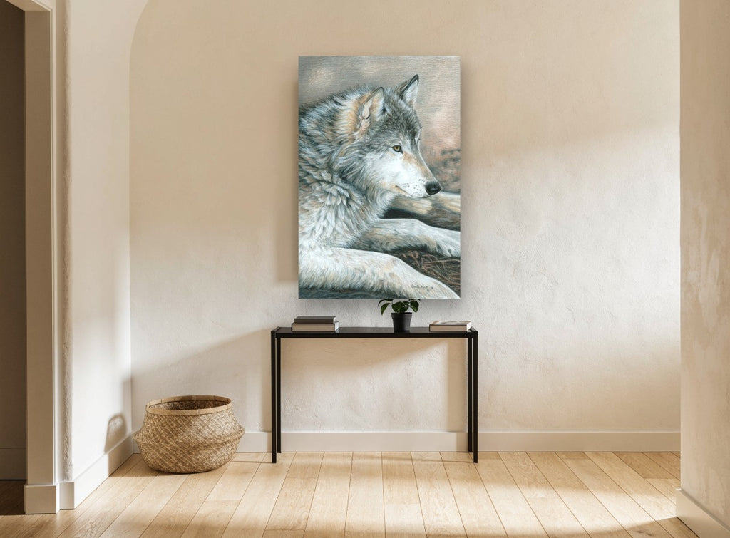 Dusk Rest Wolf animal canvas print on the wall of a hallway