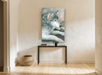 Dusk Rest Wolf animal canvas print on the wall of a hallway