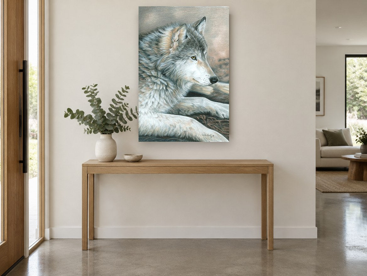 Dusk Rest Wolf animal canvas print on the wall of a entry hall