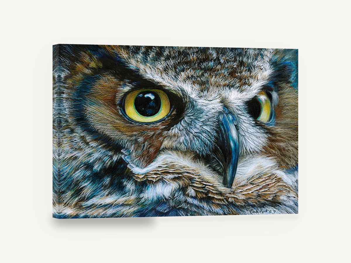 Watchful Horned Owl, owl close-up portrait illustration, animal canvas wall art print ready to hang