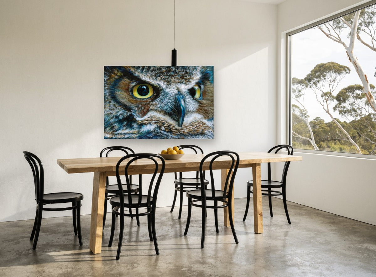 Watchful Horned Owl animal canvas print on the wall of a dining room