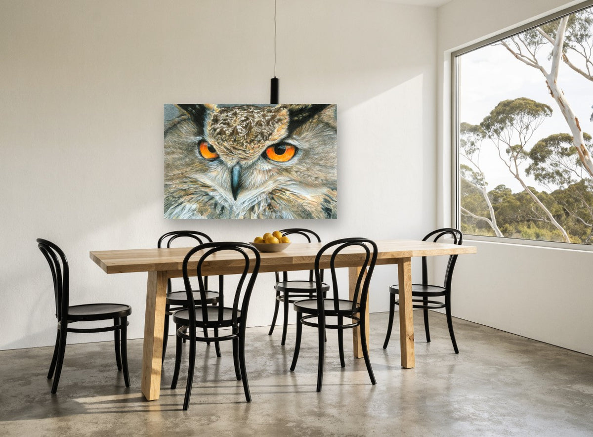 Amber Gaze Owl animal canvas print on the wall of a dining room