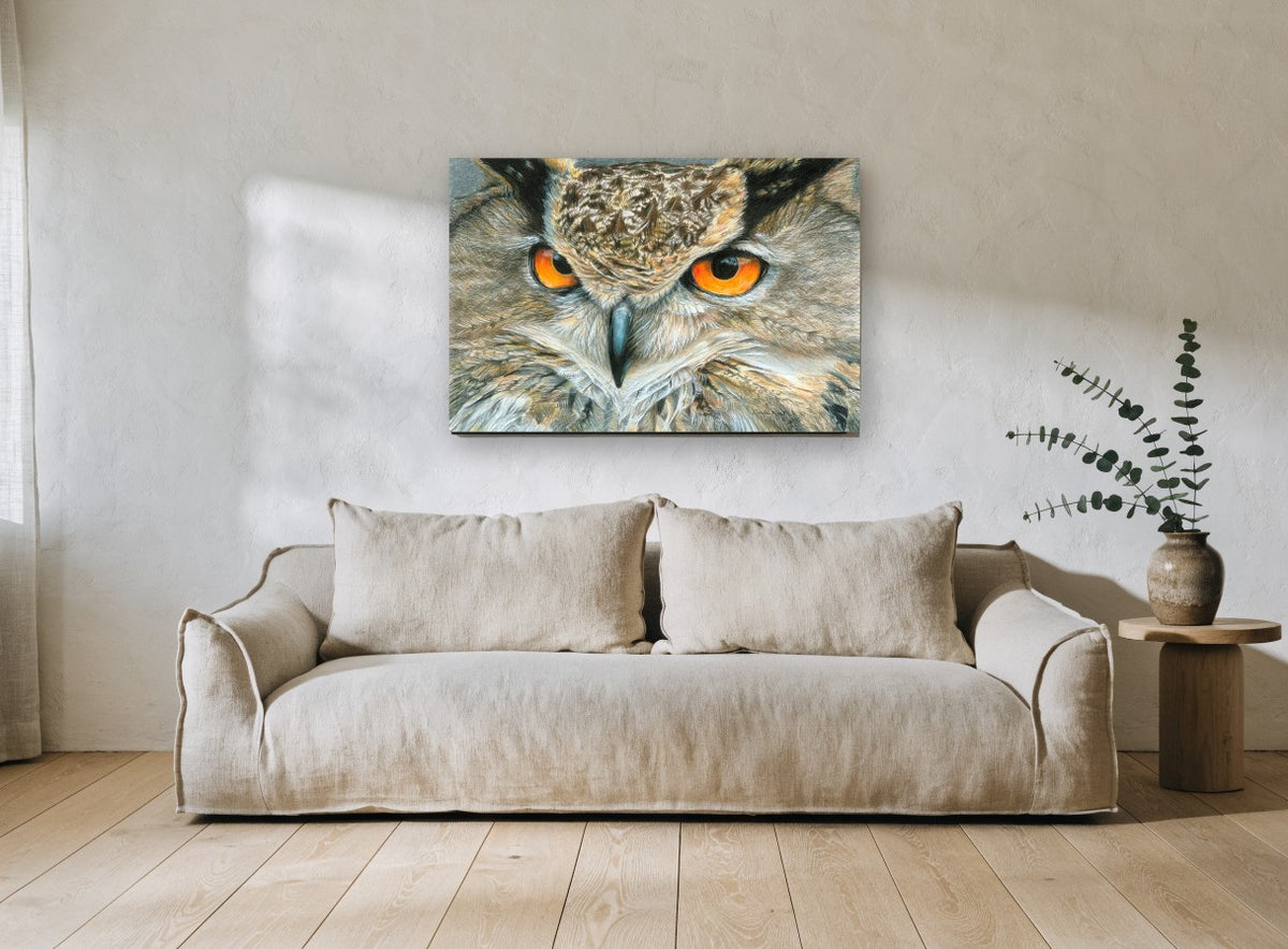 Amber Gaze Owl animal canvas print on the wall of a living room