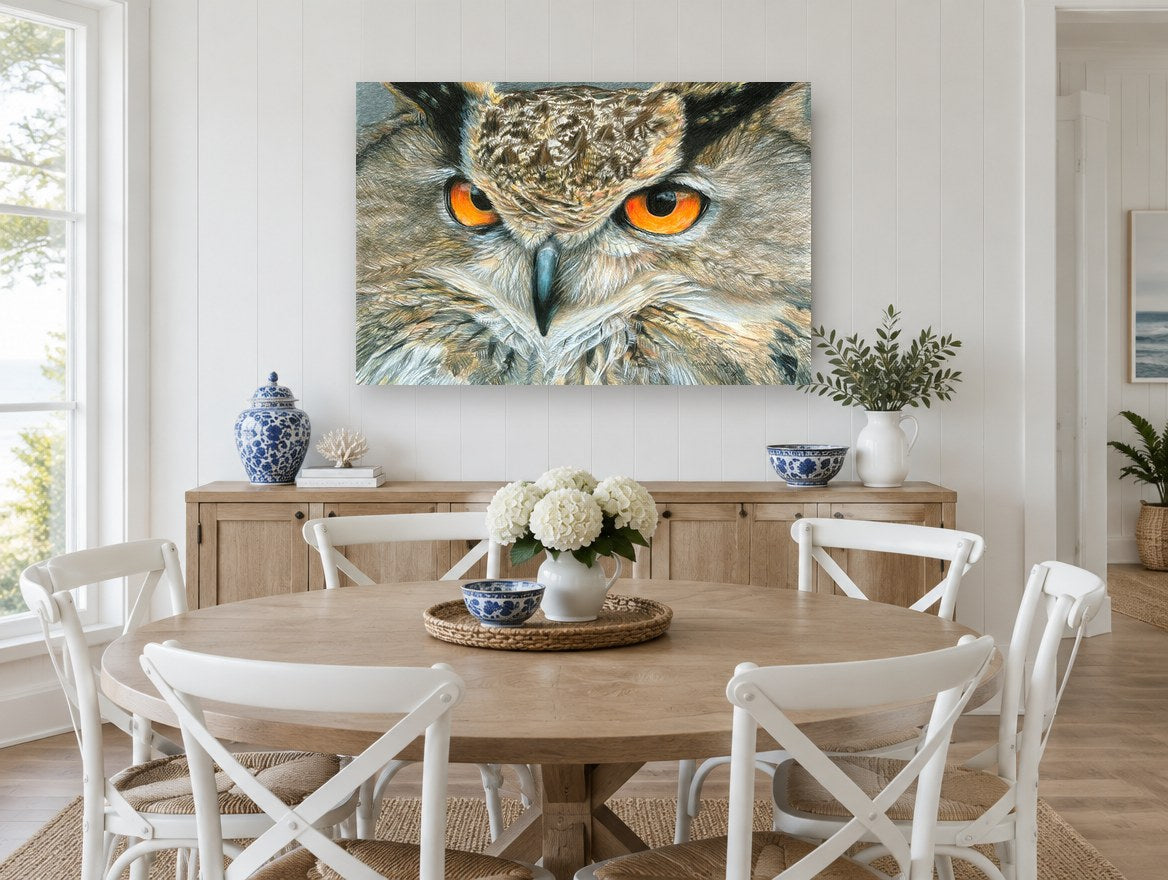 Amber Gaze Owl animal canvas print on the wall of a Hamptons dining room