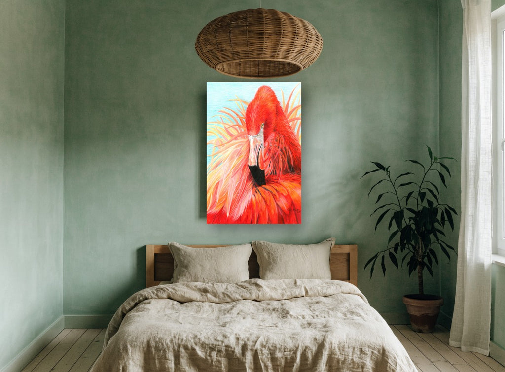 Ruffled Red Flamingo animal canvas print on the wall of a bedroom