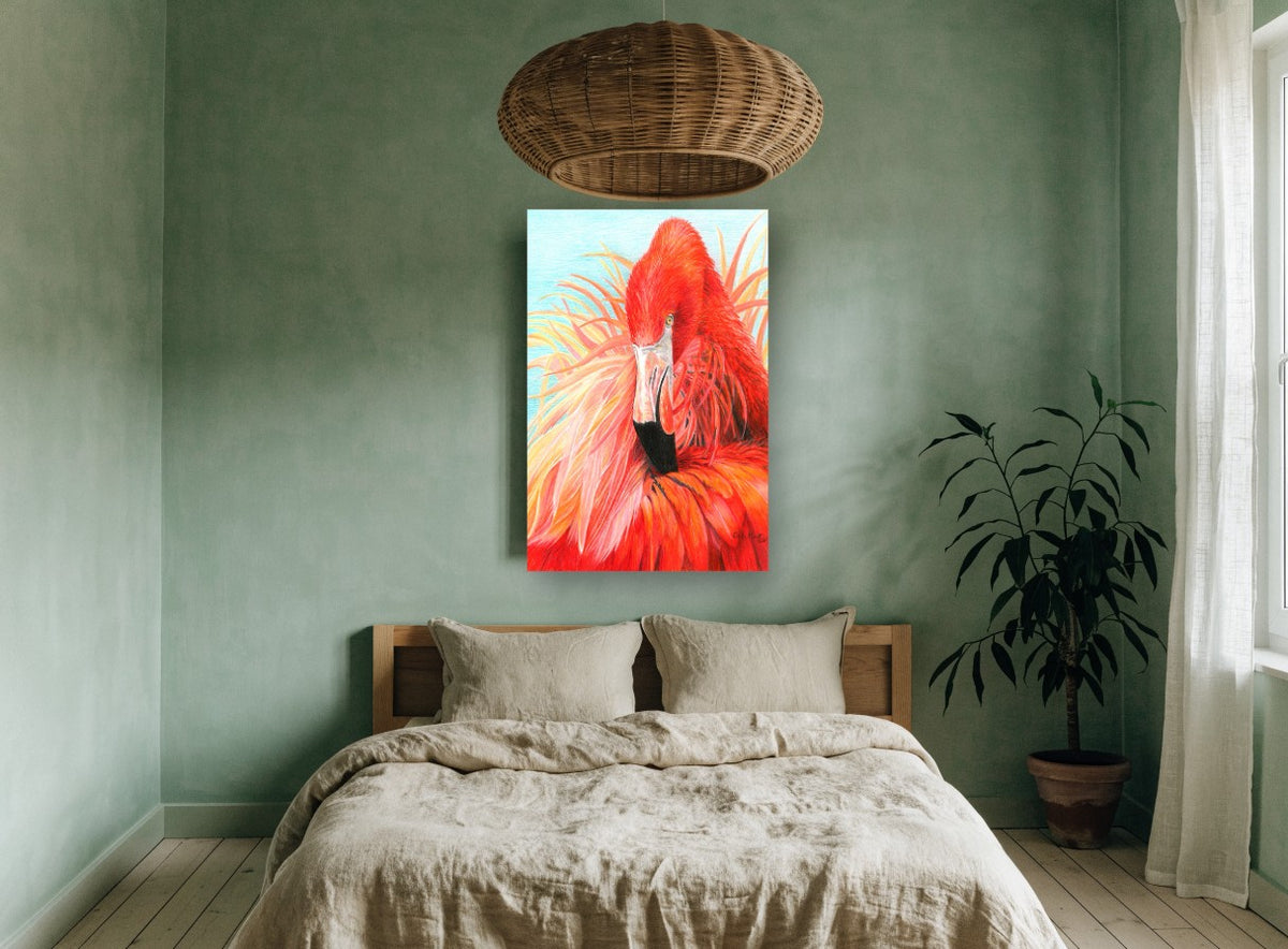 Ruffled Red Flamingo animal canvas print on the wall of a bedroom
