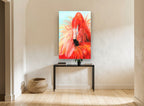 Ruffled Red Flamingo animal canvas print on the wall of a hallway